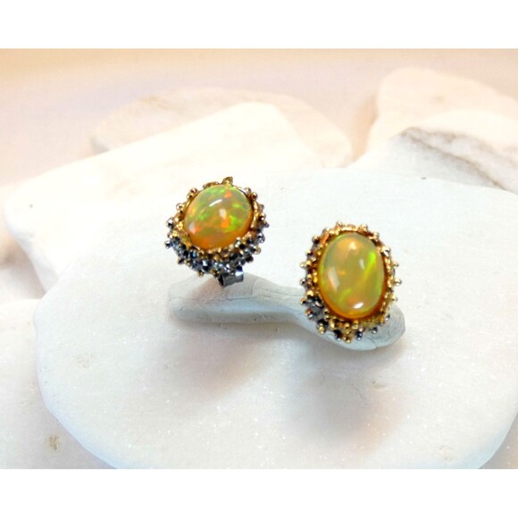 Natural Ethiopian Opal Sterling Silver-Gold Stud Earrings Yellows-Gold - Picture 2 of 4